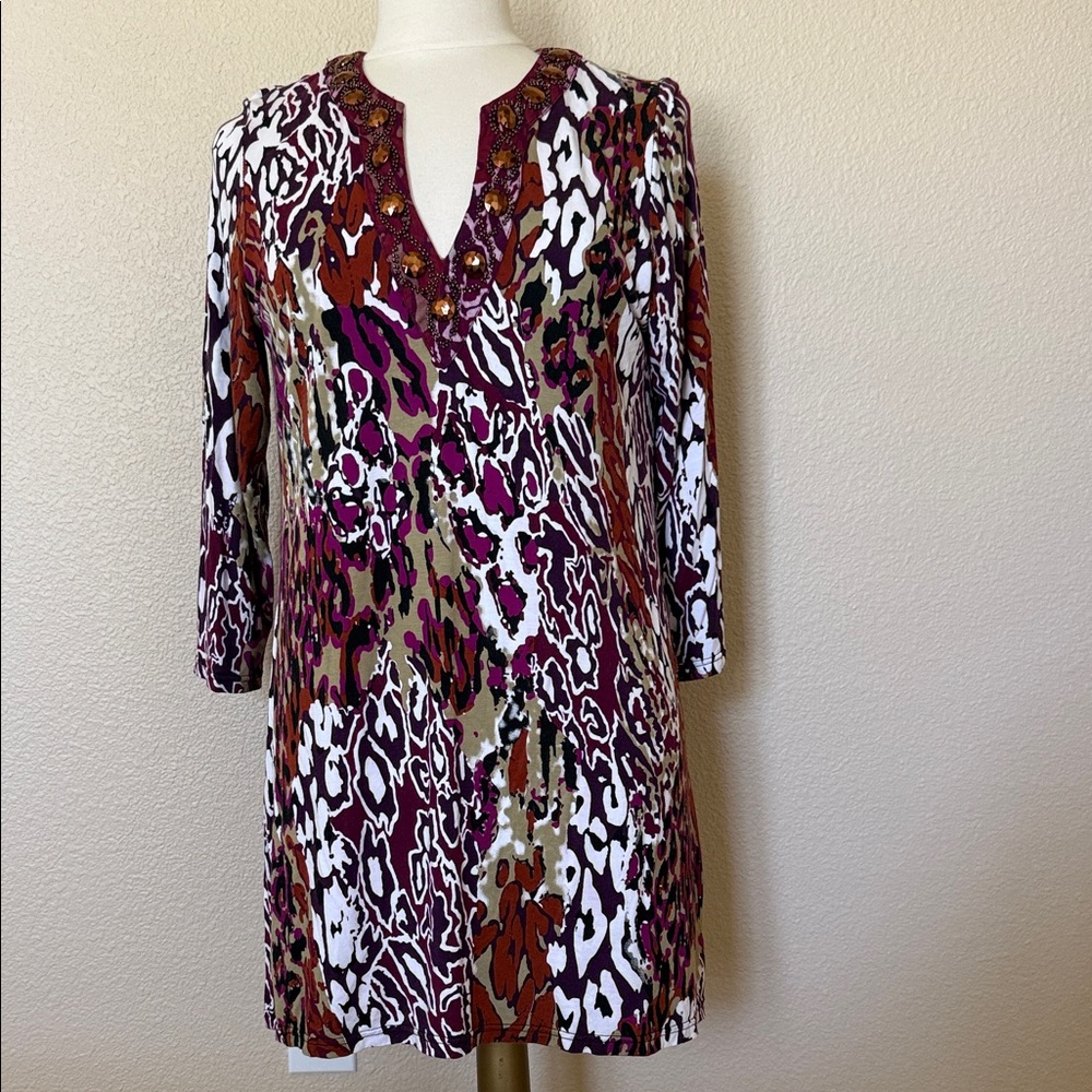 Joyous & Free Beaded V-Neck Printed Tunic in Purple and Brown (sz L)